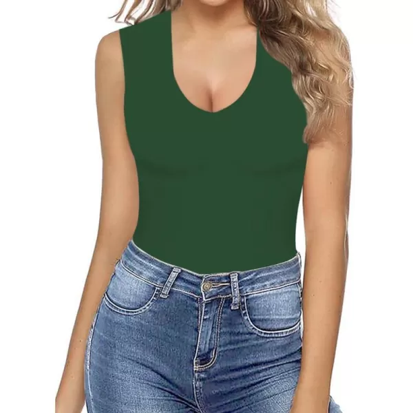 MANGOPOP Double Lined Sleeveless V Neck Tank Tops Fashion Bodysuits for WomenDeep V Neck Deep Green