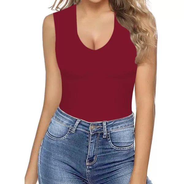 MANGOPOP Double Lined Sleeveless V Neck Tank Tops Fashion Bodysuits for WomenDeep V Neck Wine Red