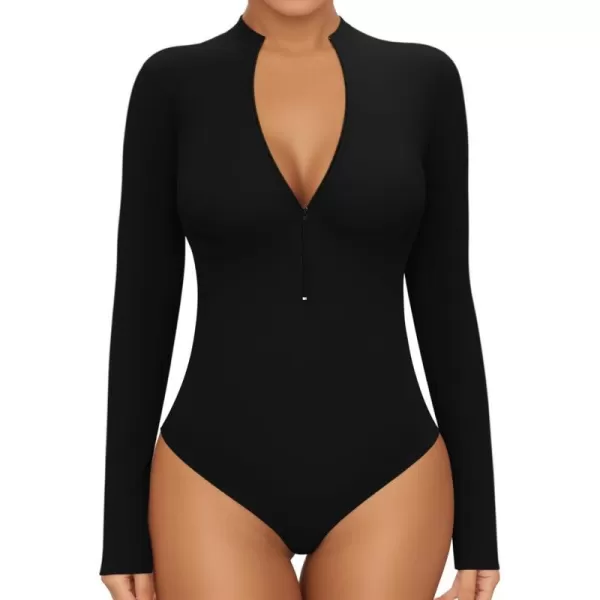 MANGOPOP Long Sleeve Body Suit Mock Turtle Neck Zip Up Bodysuit for Women Ribbed Deep V Sexy Bodysuit ShirtsAlong Sleeve Black Mock V Neck