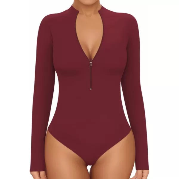 MANGOPOP Long Sleeve Body Suit Mock Turtle Neck Zip Up Bodysuit for Women Ribbed Deep V Sexy Bodysuit ShirtsAlong Sleeve Burgundy Mock V Neck