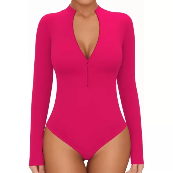 MANGOPOP Long Sleeve Body Suit Mock Turtle Neck Zip Up Bodysuit for Women Ribbed Deep V Sexy Bodysuit ShirtsAlong Sleeve Rose Pink Mock V Neck