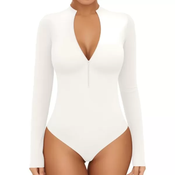 MANGOPOP Long Sleeve Body Suit Mock Turtle Neck Zip Up Bodysuit for Women Ribbed Deep V Sexy Bodysuit ShirtsAlong Sleeve White Mock V Neck