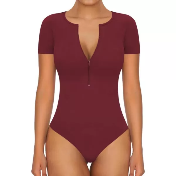 MANGOPOP Long Sleeve Body Suit Mock Turtle Neck Zip Up Bodysuit for Women Ribbed Deep V Sexy Bodysuit ShirtsShort Sleeve Burgundy Round V Neck