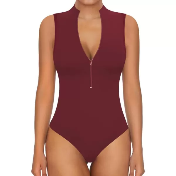 MANGOPOP Long Sleeve Body Suit Mock Turtle Neck Zip Up Bodysuit for Women Ribbed Deep V Sexy Bodysuit ShirtsSleeveless Burgundy Mock V Neck