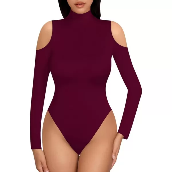 MANGOPOP Long Sleeve Body Suits for Womens Turtleneck Bodysuit Going Out Tops with Sexy Shoulder CutoutBurgundy