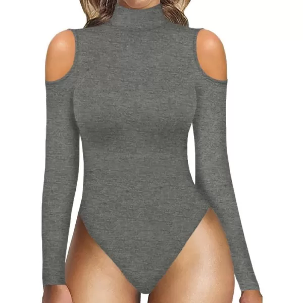 MANGOPOP Long Sleeve Body Suits for Womens Turtleneck Bodysuit Going Out Tops with Sexy Shoulder CutoutDark Heather Grey