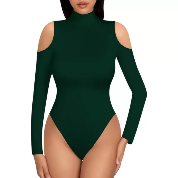 MANGOPOP Long Sleeve Body Suits for Womens Turtleneck Bodysuit Going Out Tops with Sexy Shoulder CutoutDeep Green