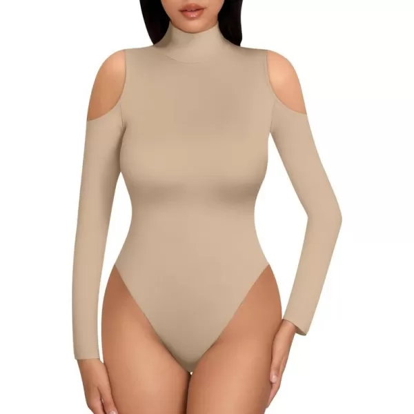 MANGOPOP Long Sleeve Body Suits for Womens Turtleneck Bodysuit Going Out Tops with Sexy Shoulder CutoutNude