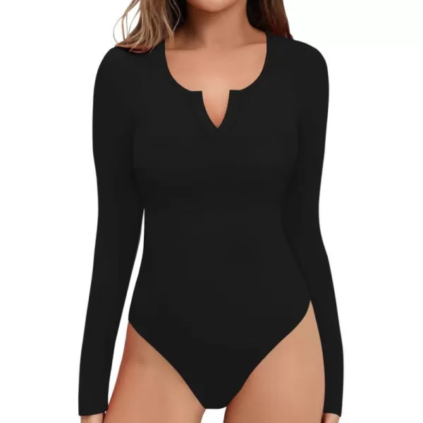 MANGOPOP Long Sleeve Bodysuit for Women Cut Out V Neck Leotard Going Out Tops for Women Slim FittedA Long Sleeve Black