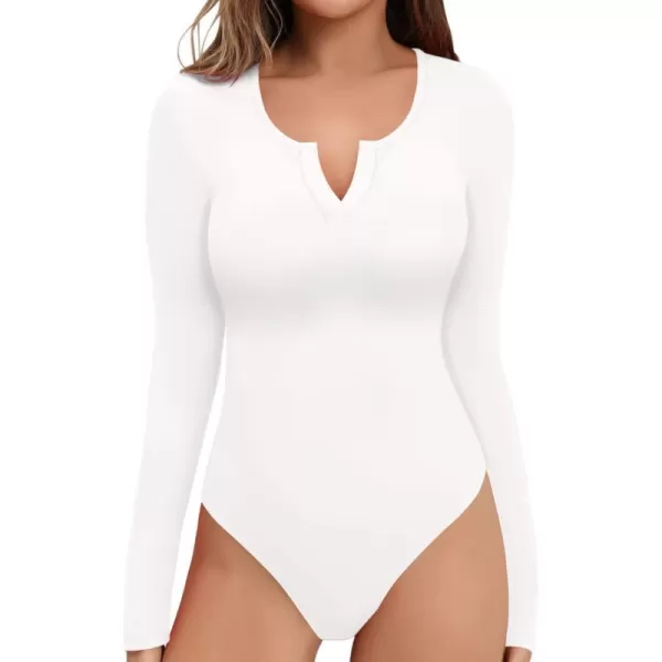 MANGOPOP Long Sleeve Bodysuit for Women Cut Out V Neck Leotard Going Out Tops for Women Slim FittedA Long Sleeve White