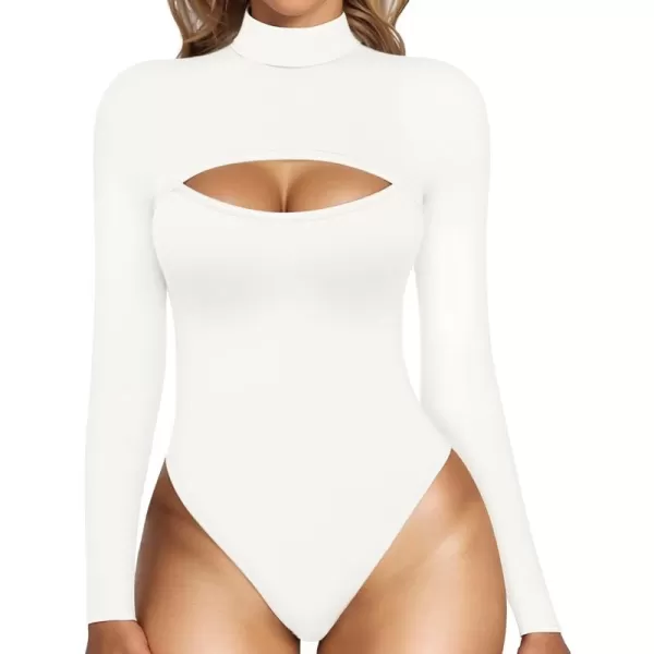 MANGOPOP Mock Neck Cutout Front T Shirt Long Sleeve Short Sleeve Bodysuit for WomenA Long Sleeve White