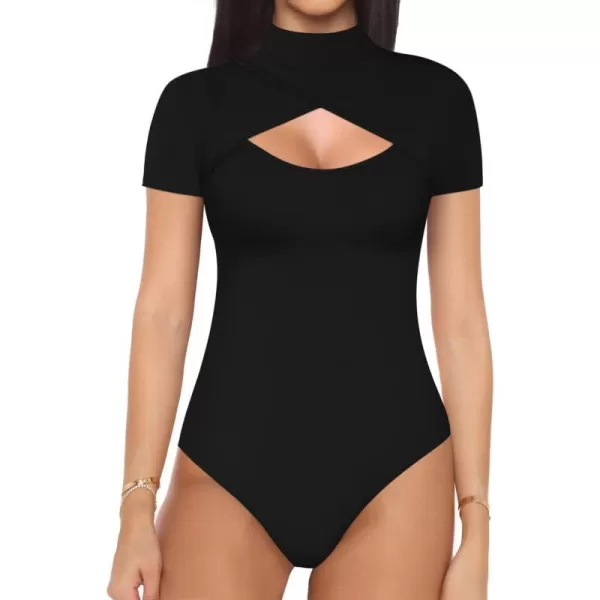 MANGOPOP Mock Neck Cutout Front T Shirt Long Sleeve Short Sleeve Bodysuit for WomenC Cross Wrap Black