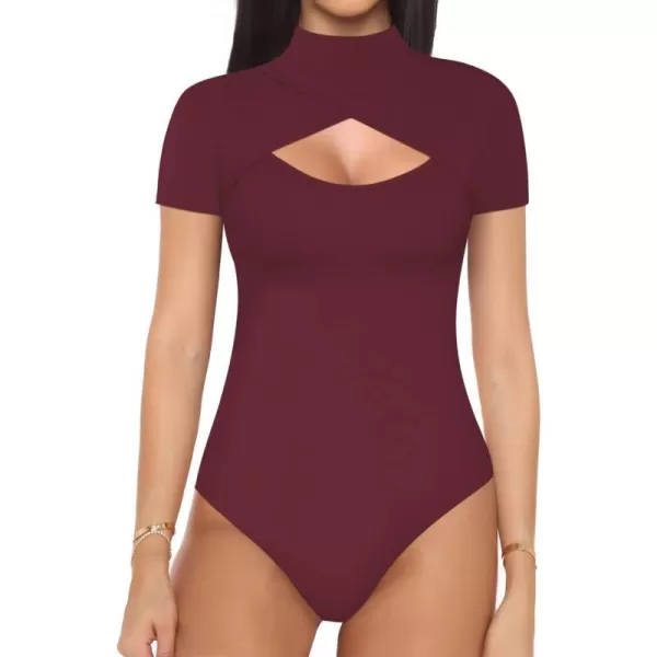 MANGOPOP Mock Neck Cutout Front T Shirt Long Sleeve Short Sleeve Bodysuit for WomenCross Wrap Burgundy