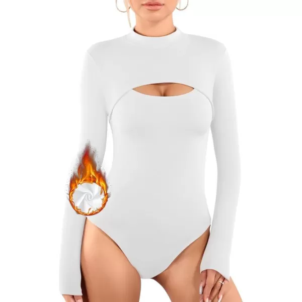 MANGOPOP Mock Neck Cutout Front T Shirt Long Sleeve Short Sleeve Bodysuit for WomenD Long Sleeve White Fleece Lined