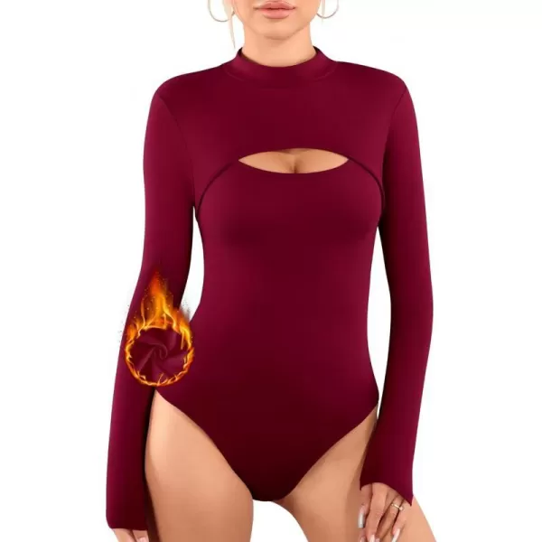 MANGOPOP Mock Neck Cutout Front T Shirt Long Sleeve Short Sleeve Bodysuit for WomenLong Sleeve Burgundy Fleece Lined