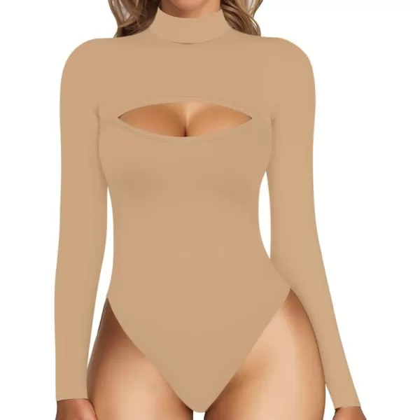 MANGOPOP Mock Neck Cutout Front T Shirt Long Sleeve Short Sleeve Bodysuit for WomenLong Sleeve Mocha