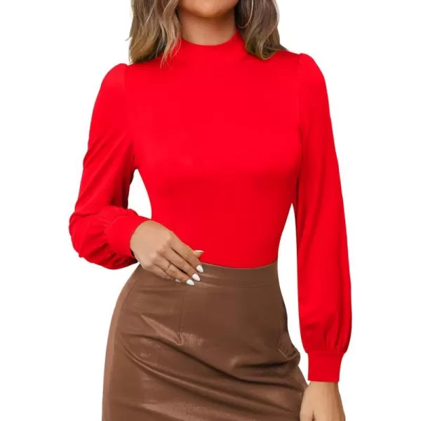 MANGOPOP Mock Neck Puff Sleeve Bodysuit Turtleneck Loose Lantern Long Sleeve Body Suit for Women for Going OutMock Neck Red