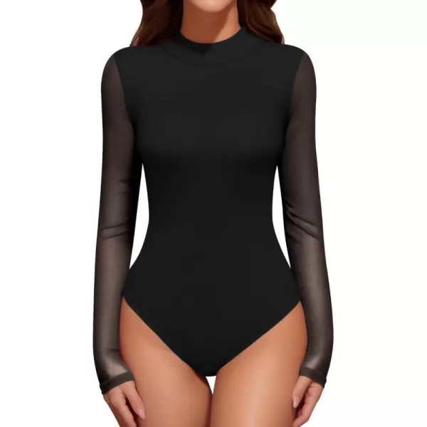 MANGOPOP Mock Turtleneck Bodysuit Mesh Sheer Long Sleeve Bodysuits for Women Sexy TopsBlack