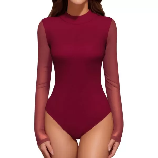 MANGOPOP Mock Turtleneck Bodysuit Mesh Sheer Long Sleeve Bodysuits for Women Sexy TopsBurgundy