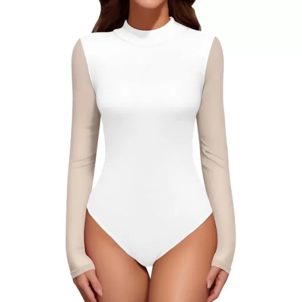 MANGOPOP Mock Turtleneck Bodysuit Mesh Sheer Long Sleeve Bodysuits for Women Sexy TopsWhite