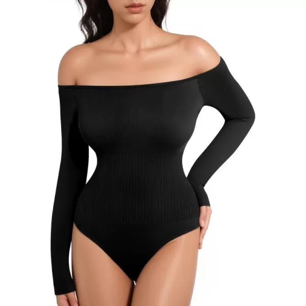 MANGOPOP Off Shoulder Long Sleeve Bodysuit Shapewear Tummy Control Body suit Ribbed Seamless TopsBlack