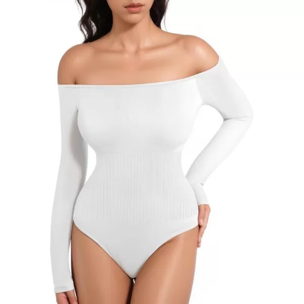 MANGOPOP Off Shoulder Long Sleeve Bodysuit Shapewear Tummy Control Body suit Ribbed Seamless TopsWhite