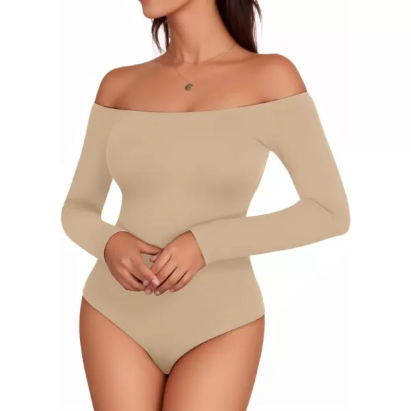 MANGOPOP Off The Shoulder Long Sleeve Short Sleeve Bodysuit for WomenLong Sleeve Light Camel