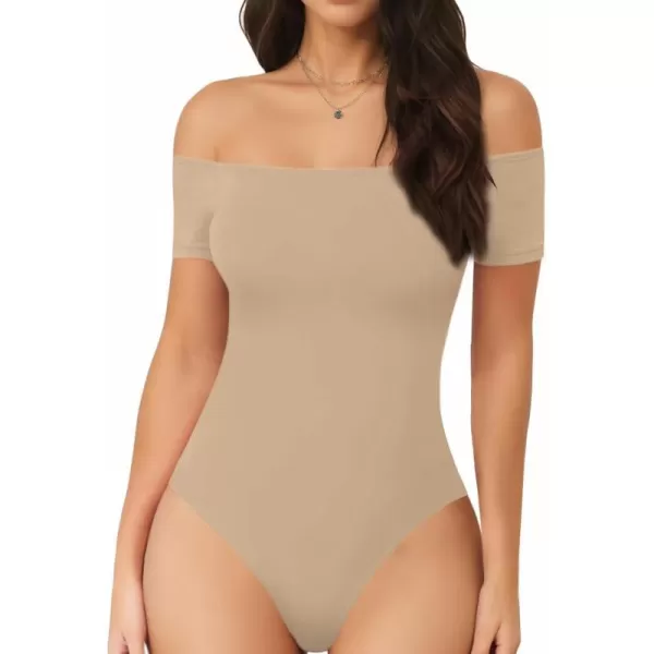 MANGOPOP Off The Shoulder Long Sleeve Short Sleeve Bodysuit for WomenShort Sleeve Light Camel