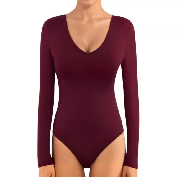 MANGOPOP Plunge V Neck Long Sleeve Body suits for Womens Sexy Bodysuit Going Out TopsLong Sleeve Burgundy