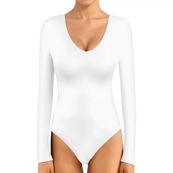 MANGOPOP Plunge V Neck Long Sleeve Body suits for Womens Sexy Bodysuit Going Out TopsLong Sleeve White