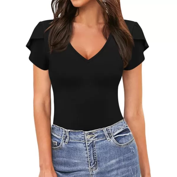 MANGOPOP Sexy V Neck Petal Sleeve Bodysuit for Womens Tops for Going Out A Short Sleeve Black MediumMANGOPOP Sexy V Neck Petal Sleeve Bodysuit for Womens Tops for Going Out A Short Sleeve Black Medium