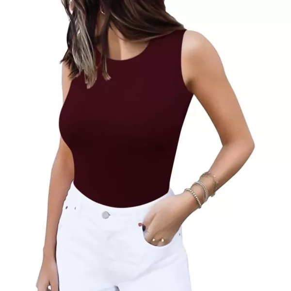 MANGOPOP Sleeveless Crew Neck Tank Tops Bodysuit for Women for Going OutCrew Neck Burgundy