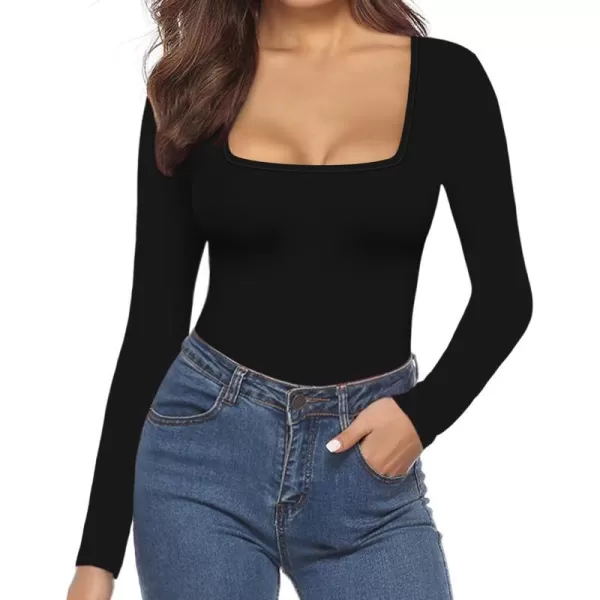 MANGOPOP Square Neck Bodysuit Long Sleeve for Women Short Sleeve Body Suit Going Out Tops ShirtsA Long Sleeve Black