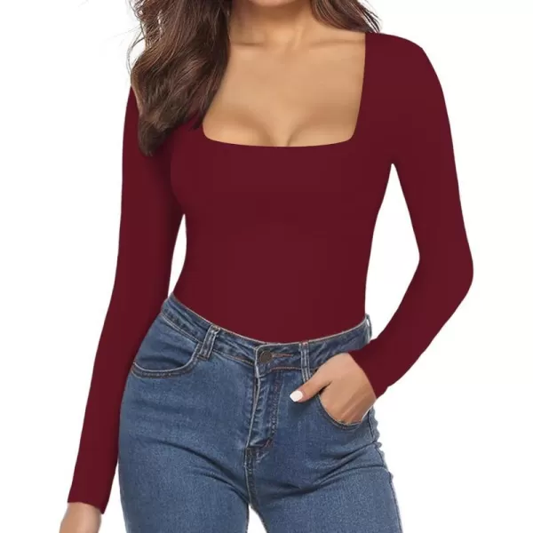 MANGOPOP Square Neck Bodysuit Long Sleeve for Women Short Sleeve Body Suit Going Out Tops ShirtsLong Sleeve Burgundy