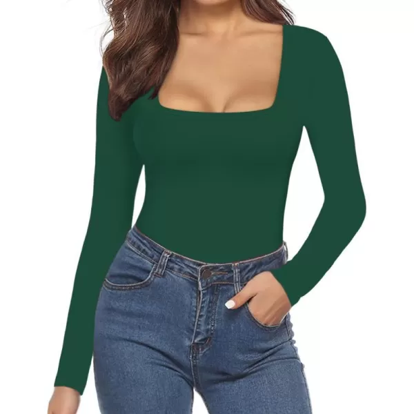 MANGOPOP Square Neck Bodysuit Long Sleeve for Women Short Sleeve Body Suit Going Out Tops ShirtsLong Sleeve Deep Green