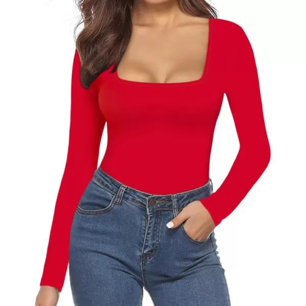 MANGOPOP Square Neck Bodysuit Long Sleeve for Women Short Sleeve Body Suit Going Out Tops ShirtsLong Sleeve Red