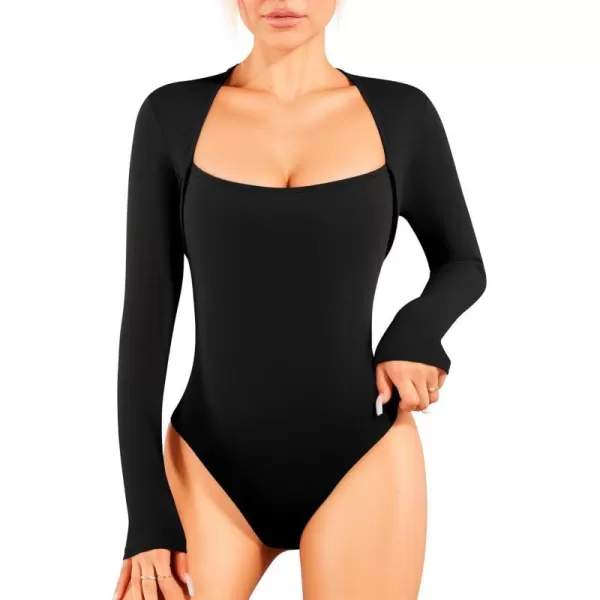 MANGOPOP Square Neck Long Sleeve Bodysuits for Women Sexy Tops BasicBlack