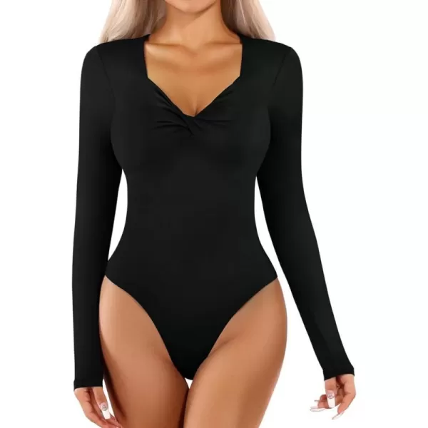 MANGOPOP Sweetheart Neckline Twist Knot Fitted V Neck Long Sleeve Bodysuit for Women TopsBlack