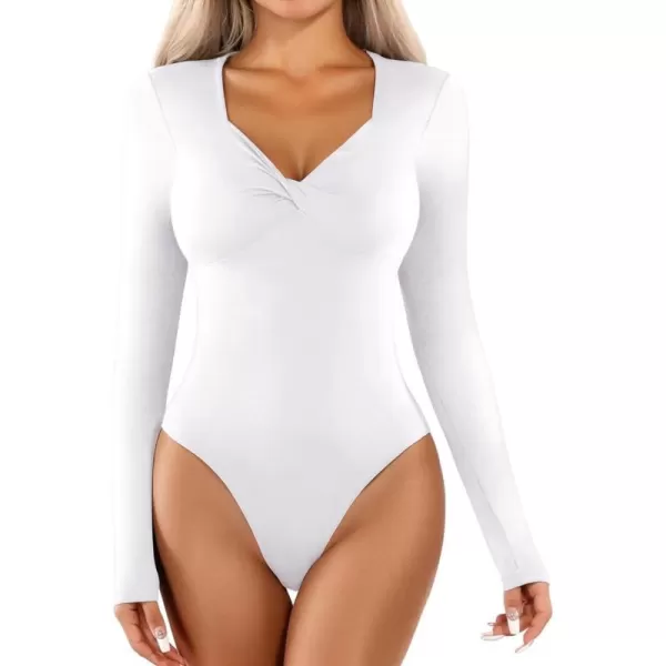 MANGOPOP Sweetheart Neckline Twist Knot Fitted V Neck Long Sleeve Bodysuit for Women TopsWhite