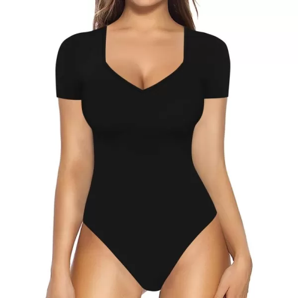 MANGOPOP Sweetheart V Neck Bodysuit for Women Short Sleeve Long Sleeve Body Suits TopsB Short Sleeve Black