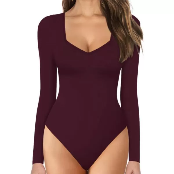 MANGOPOP Sweetheart V Neck Bodysuit for Women Short Sleeve Long Sleeve Body Suits TopsLong Sleeve Burgundy