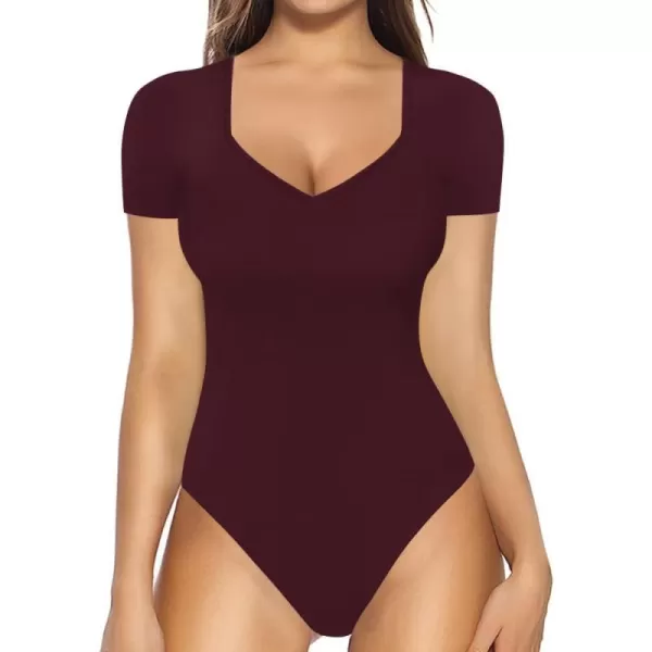 MANGOPOP Sweetheart V Neck Bodysuit for Women Short Sleeve Long Sleeve Body Suits TopsShort Sleeve Burgundy