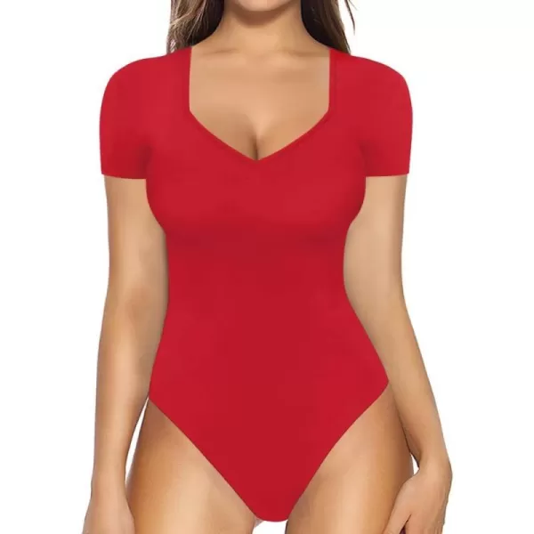 MANGOPOP Sweetheart V Neck Bodysuit for Women Short Sleeve Long Sleeve Body Suits TopsShort Sleeve Red