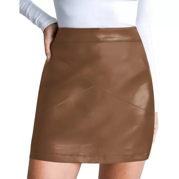 MANGOPOP Women Basic High Waisted Mini Short Pencil Bodycon Faux Leather SkirtBrownmgs015