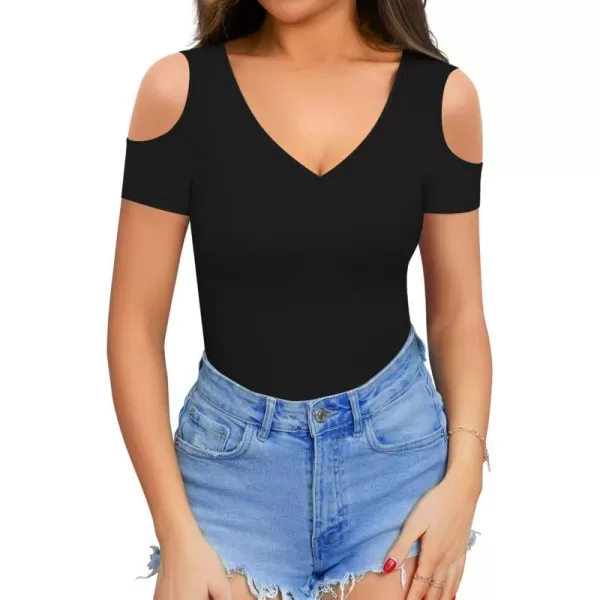 MANGOPOP Women Sexy Deep V Neck Short Sleeve Bodysuit Tops Cold Shoulder Casual T ShirtsA Short Sleeve Black