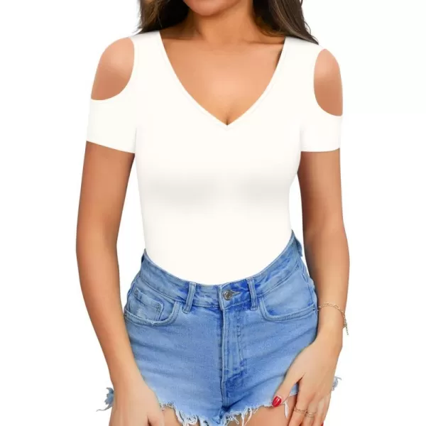 MANGOPOP Women Sexy Deep V Neck Short Sleeve Bodysuit Tops Cold Shoulder Casual T ShirtsA Short Sleeve White