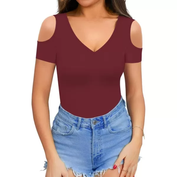 MANGOPOP Women Sexy Deep V Neck Short Sleeve Bodysuit Tops Cold Shoulder Casual T ShirtsBurgundy