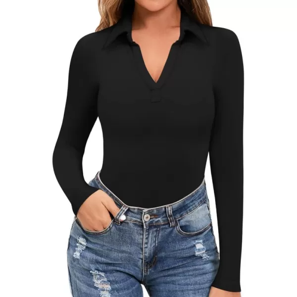 MANGOPOP Women V Neck Polo T Shirts Short Sleeve Long Sleeve Bodysuit Tops Casual Collared LeotardA Long Sleeve Black