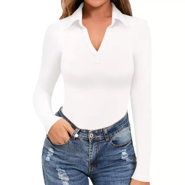 MANGOPOP Women V Neck Polo T Shirts Short Sleeve Long Sleeve Bodysuit Tops Casual Collared LeotardA Long Sleeve White