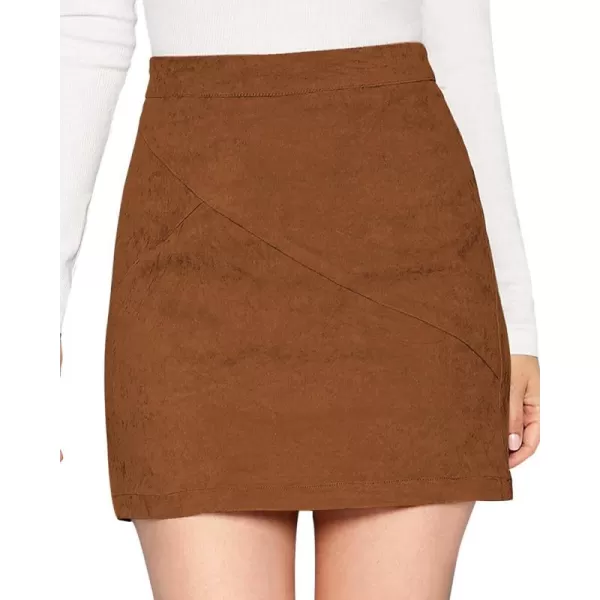 MANGOPOP Womens Basic Faux Suede High Waist Aline Mini Pencil Bodycon SkirtA Brown